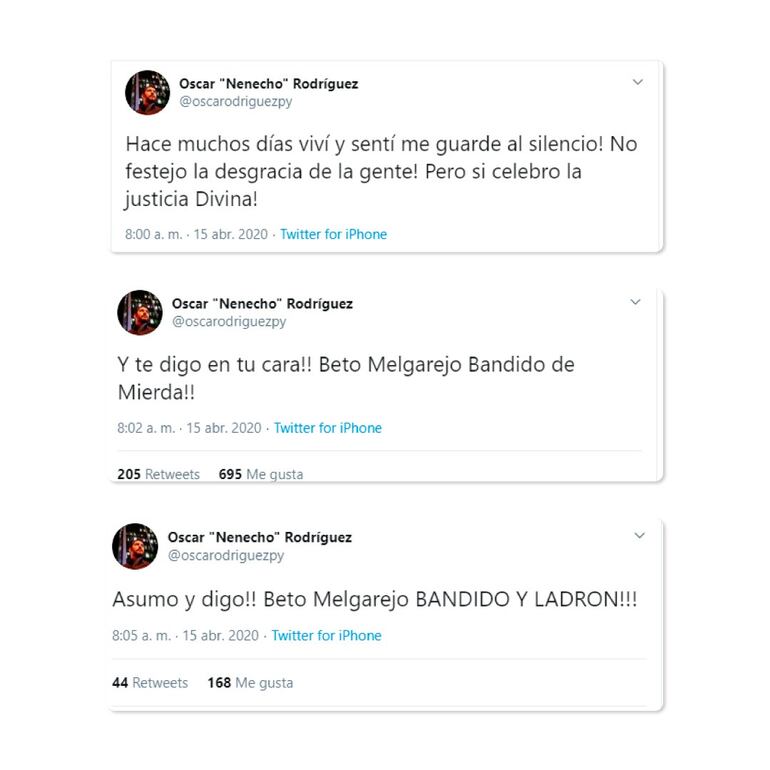 Tuits publicados por Rodríguez en su cuenta de Twitter este miércoles.