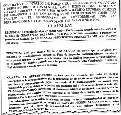 Este es el contrato por el que se arrenda por G. 3 millones mensuales una parada de taxi. Según la Ordenanza 26/92, esto está prohibido. Se cree que hay cientos de casos iguales en Asunción.