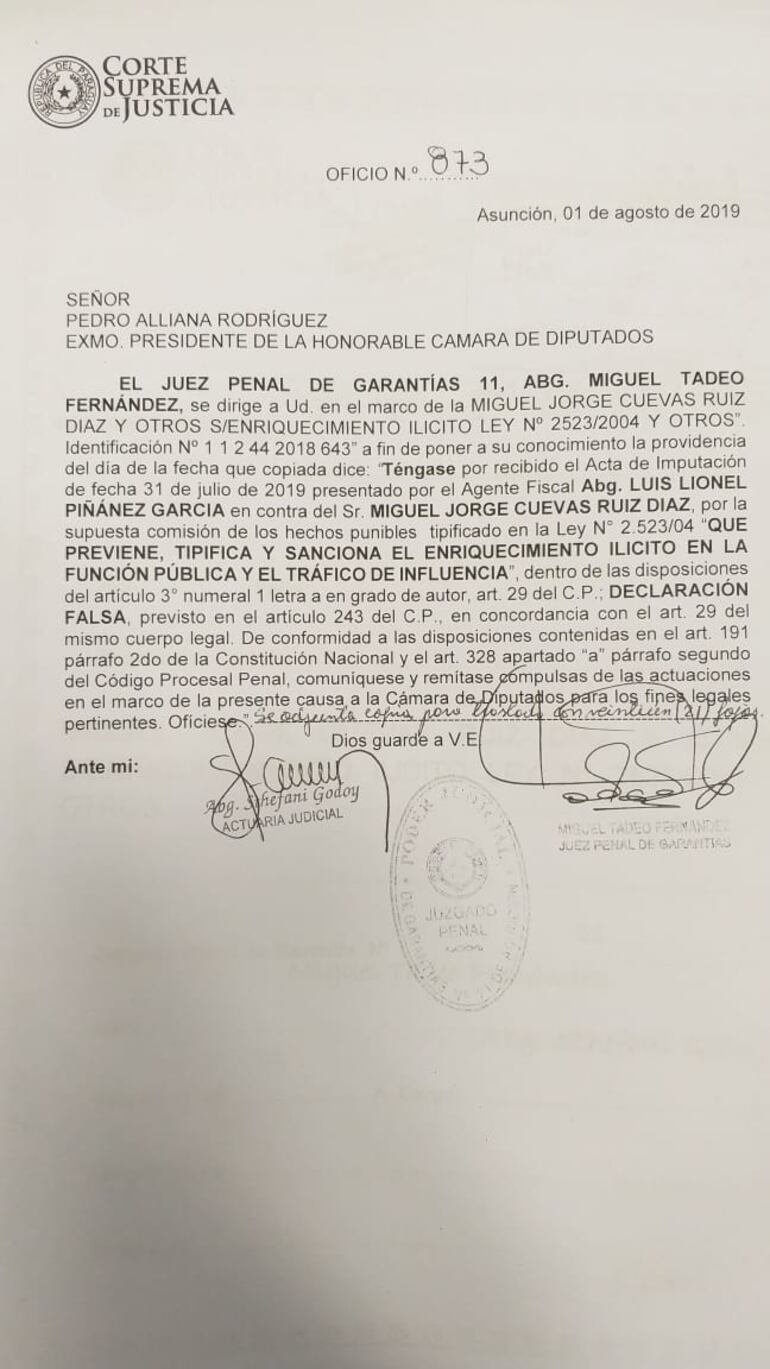 El juez Miguel Tadeo Fernández remitió el pedido de desafuero del diputado Miguel Cuevas, a la Cámara Baja.