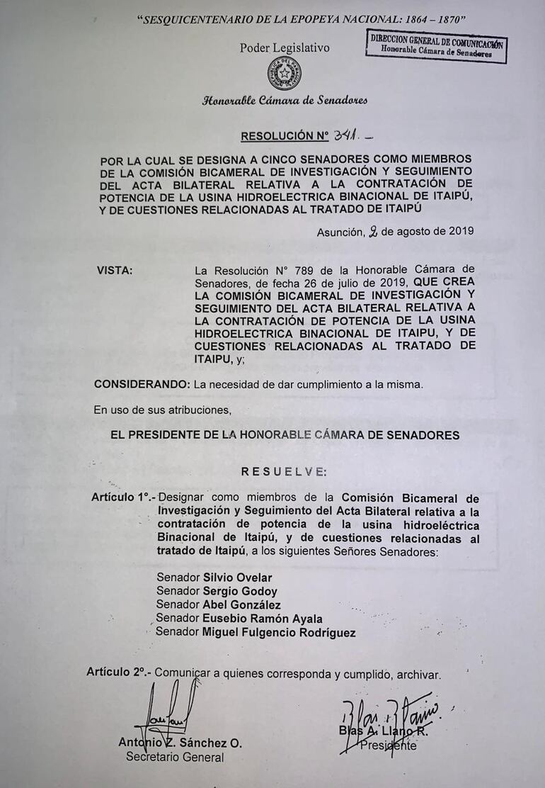 El senador Silvio Ovelar incluso aparece en la resolución que ya fue firmada con los nombres los integrantes de la Comisión.