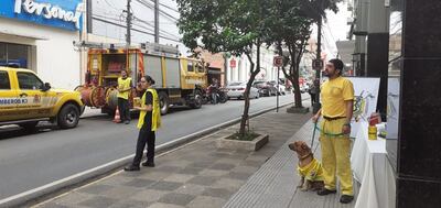 Los bomberos de Sajonia se ubican sobre la calle Palma, en compañía de su mascota.