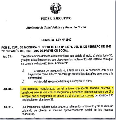 Los artículos 33 y 34 de la Carta Orgánica del IPS establecen que los beneficiarios deben depender económicamente de los titulares del seguro, no hace referencia a montos máximos que deben percibir ni prohíbe que figuren como contribuyentes en Hacienda, como argumenta el IPS.