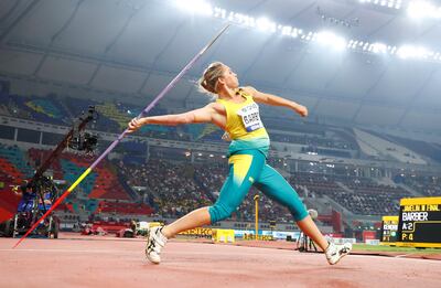 La australiana Kelsey-Lee Barber, oror en jabalina en el Mundial de Atletismo Doha 2019.