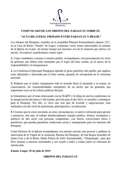 Comunicado de los obispos del Paraguay.