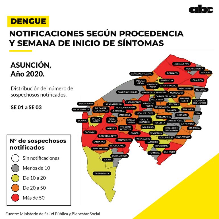 Distribución de sospechosos notificados en los barrios de Asunción.