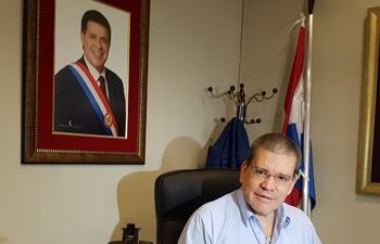 Antonio Barrios en su despacho del Senado. Cuadro de Horacio Cartes.