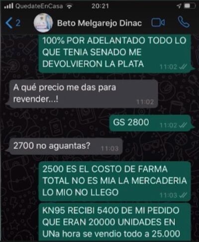 Conversación que sería entre el titular de la Dinac, Édgar Melgarejo, y un comerciante para la compra-venta de tapabocas.