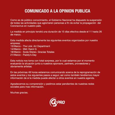 Comunicado de la productora G5Pro