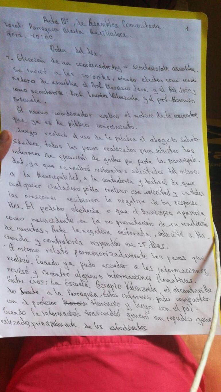 El acta firmada por los pobladores de Arroyito.