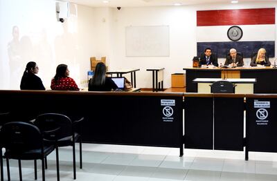 El tribunal y las partes  están en la sala de juicios y los acusados en la cárcel.