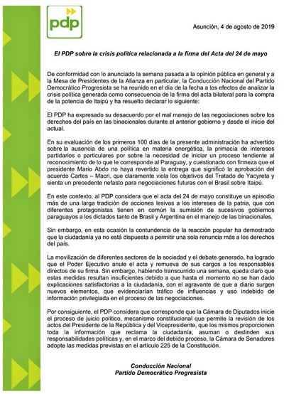 Comunicado del Partido Democrático Progresista en el que expresa su desacuerdo con el acta bilateral firmado entre Paraguay y el Brasil el 24 de mayo.