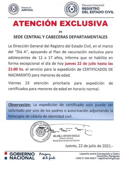 Comunicado de la Dirección General de Registro Civil anunciando la prolongación hasta las 21:00 horas del horario de atención de hoy, exclusivamente para la expedición de certificados de nacimiento para menores de 12 a 17 años de edad.