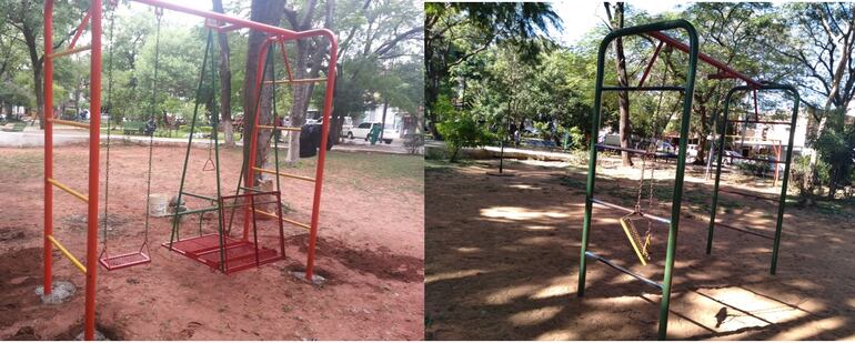 Antes y después. Los juegos instalados en 2013 y la condición actual.