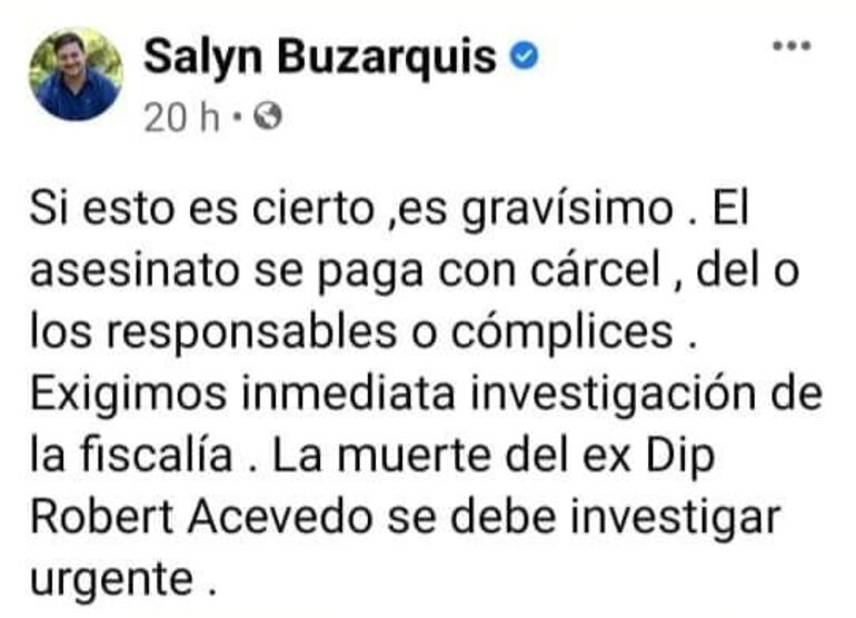 La doctora Rossana González del Sindicato Nacional de Médicos posteó un furibundo mensaje contra la clase política del Paraguay. Este mensaje del senador Buzárquis lo adjuntó a su posteo en redes sociales.