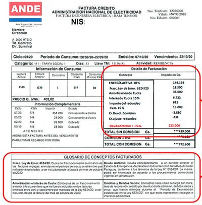 Las facturas de la ANDE traen desde octubre un glosario de conceptos facturados.