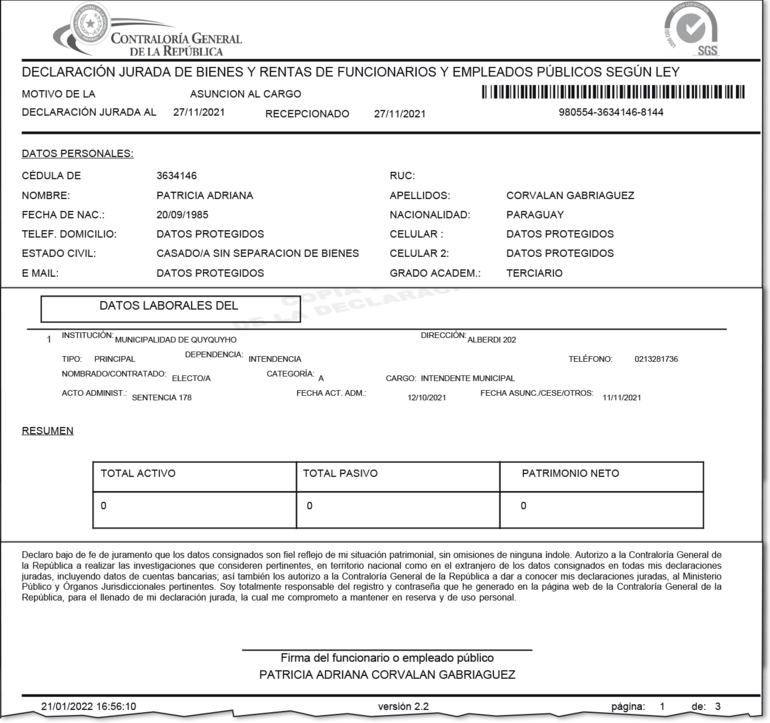 Declaración jurada presentada por la jefa comunal de Quyquyhó al asumir en el cargo.