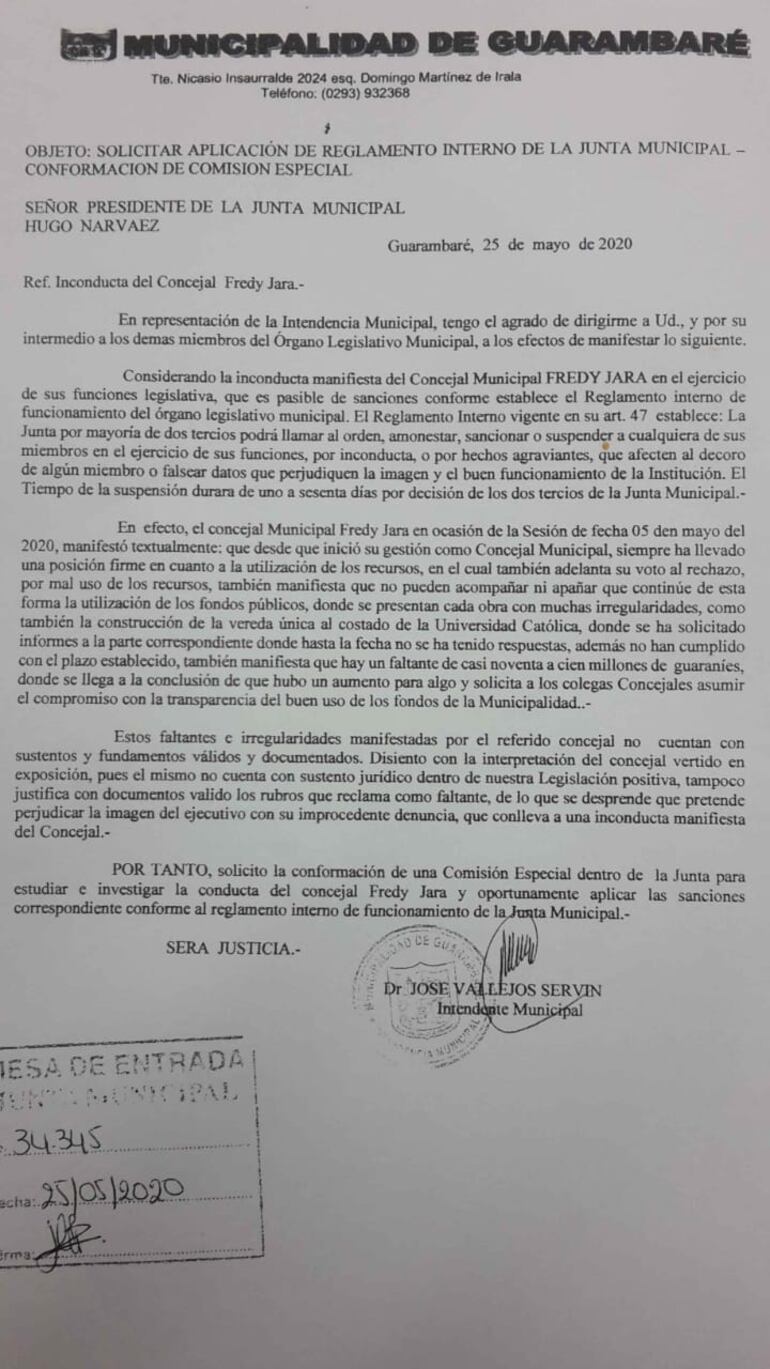 La nota presentada por el intendente para la conformación de una comisión especial y sancionar al concejal, Freddy Jara.