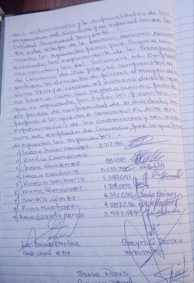 Acuerdo del 12 de mayo de 2022 que puso fin a semanas de protesta de ex oleros y empleados de comercio, cuyo incumplimiento es reclamado por afectados de la EBY.