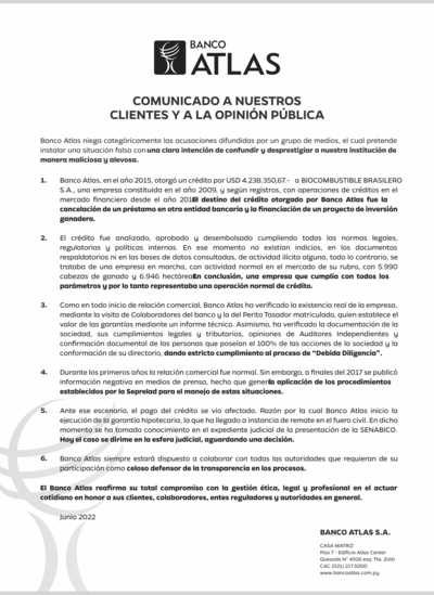 Comunicado del Banco Atlas.