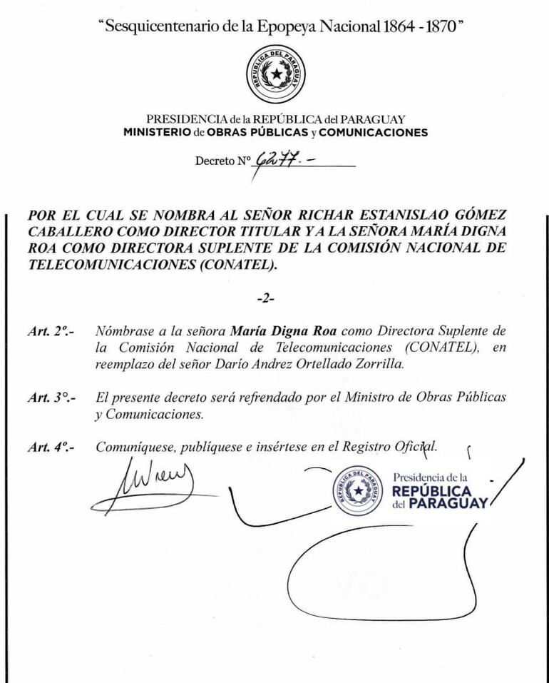 Facsímil del Decreto N° 6277 en el cual el presidente Mario Abdo Benítez reemplaza a Darío Ortellado, hermano del diputado Félix Ortellado (ANR, HC) como director suplente de la Conatel.
