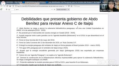 El listado de las 12 principales debilidades del gobierno actual para la revisión del Anexo C del Tratado de Itaipú, explicado por la Ing. Mercedes Canese.