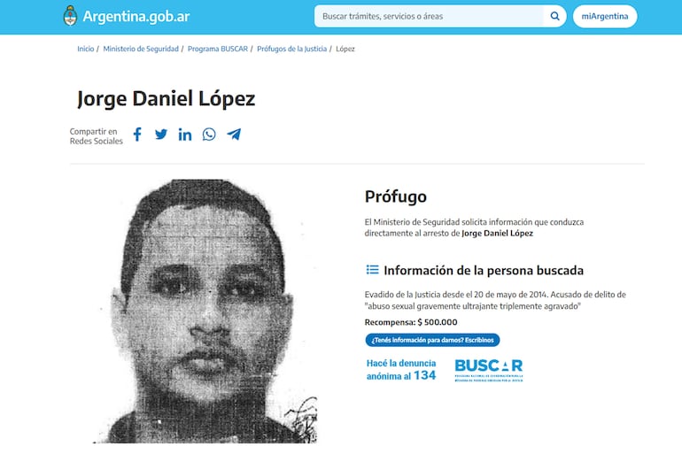El ofrecimiento de recompensa por el paraguayo, en el portal del Ministerio de Seguridad de Argentina.