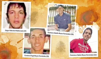 Édgar Valentín Benítez Maldonado, supuesto cabecilla de la banda, junto con los hermanos Gustavo Adolfo, Gustavo Ángel y Francisco Reyes, integrantes del grupo delictivo.