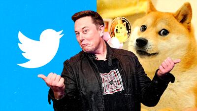 Elon Musk, propietario de Twitter: a la izquierda se ve el icónico logo de la plataforma y a la derecha al perrito "Doge", un reconocido meme de internet.