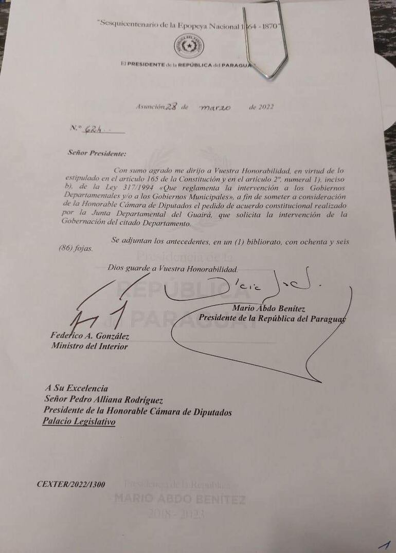 Ejecutivo remite a Diputados el pedido de intervención de la Gobernación de Guairá.