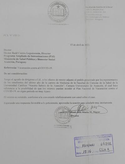 Primera nota enviada al Director del Programa Ampliado de Inmunizaciones (PAI), Héctor Raúl Castro, solicitando la posibilidad de inclusión al "Plan Nacional de Vacunación" de parte de la decana de la Facultad de Ciencias de la Salud, la Dra. María Mayor.