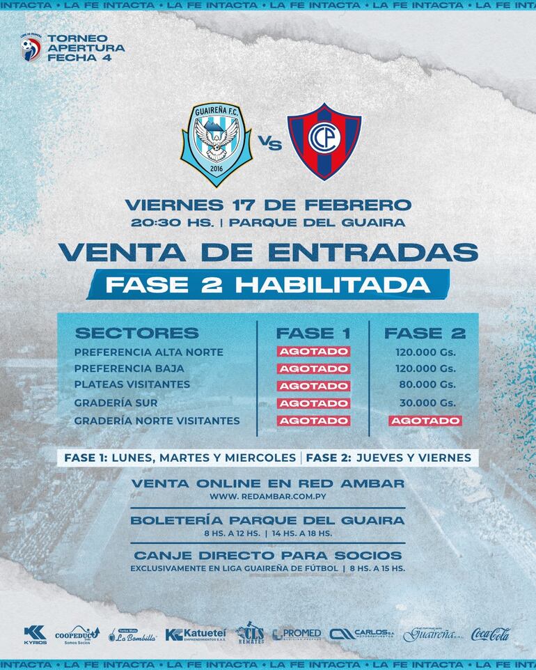 Precios de entradas Guaireña-Cerro Porteño
