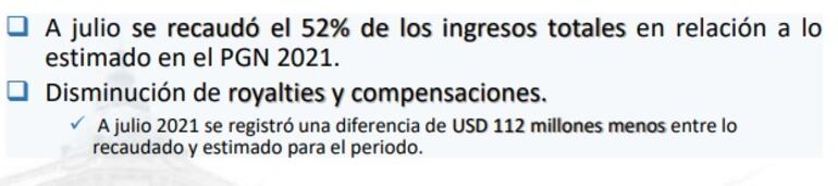 Informe de Ministerio de Hacienda que hace mención a la reducción de los ingresos provenientes de las Binacionales.