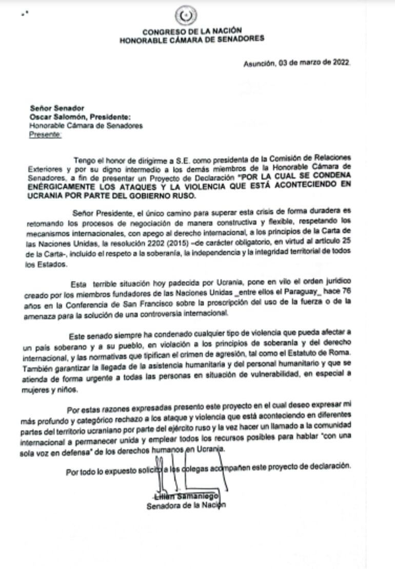 Parte de argumentos del proyecto de declaración que condena la Guerra Ucrania-Rusia. (gentileza).