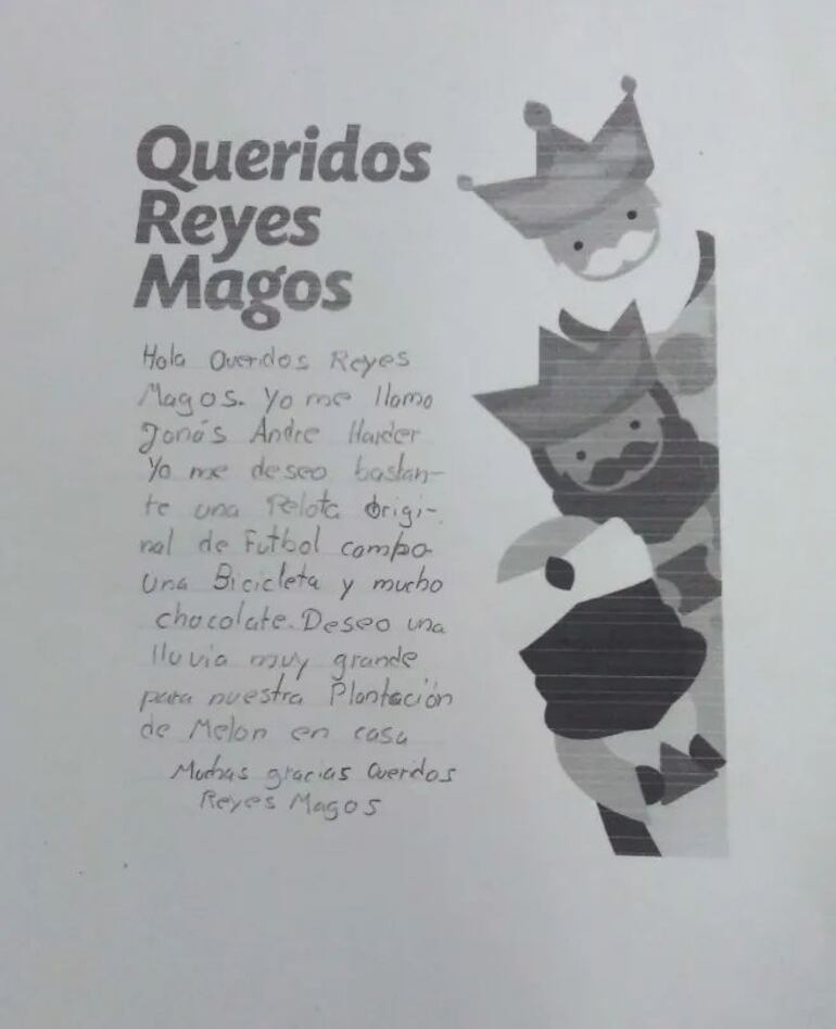 Jonas escribió en su carta, su mayor anelo: “una lluvia muy grande para nuestra plantación de melón en casa”.