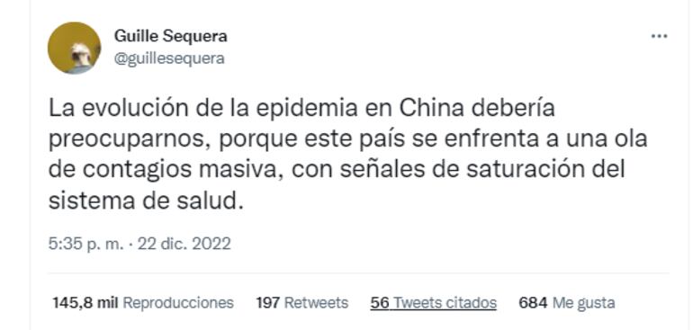Tuit del Dr. Guillermo Sequera, Director de Vigilancia de la Salud. (captura de red social).