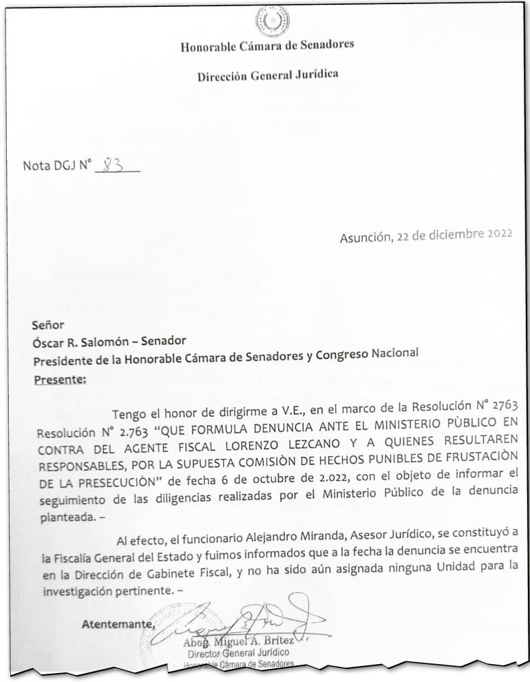 El 22 de diciembre último, el director jurídico del Senado, Miguel Brítez, entregó un informe al presidente del Congreso, Oscar “Cachito” Salomón, en el que reveló que la causa no fue asignada.