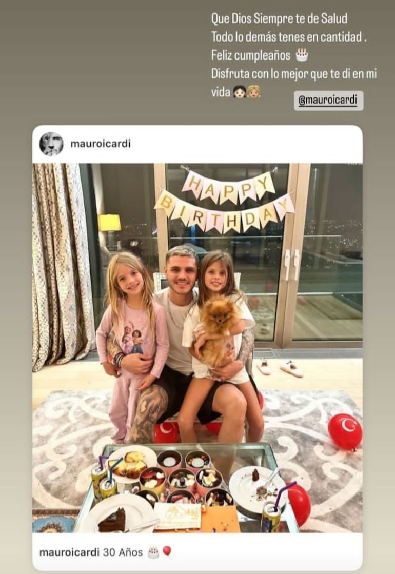Así saludó Wanda Nara a Mauro Icardi por su cumpleaños número 30. (Captura de la historia de Instagram de Wanda Nara)