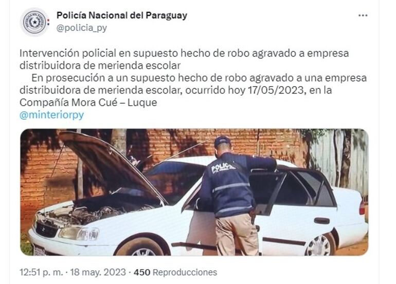 Tuit del Ministerio del interior anunciando el hallazgo del auto de los delincuentes.