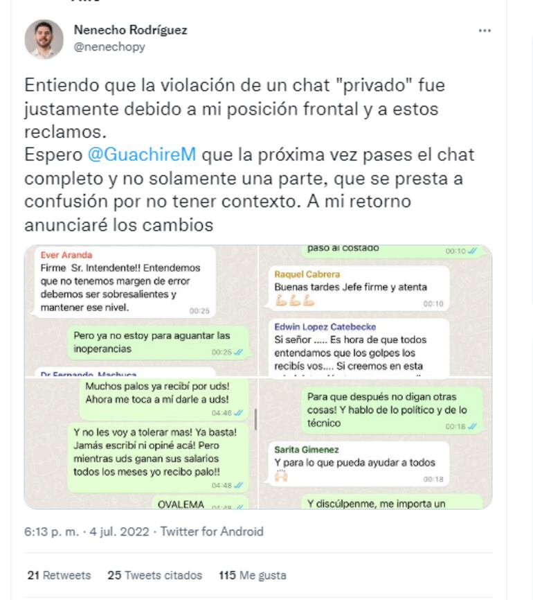 El descargo de Óscar "Nenecho" Rodríguez en el grupo de WhatsApp con su Gabinete.