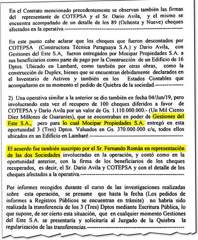 Fernando Román firmaba como representante de Gestiones del Este y Mocipar.