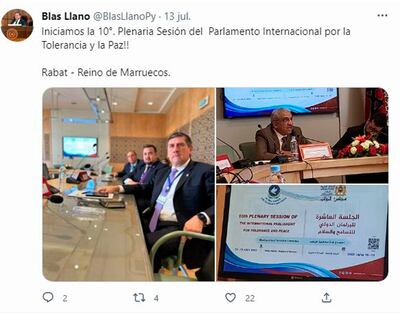 Llano publicó en Twitter su participación en la 10ª plenaria sesión del Parlamento por la Tolerancia y la Paz, realizado en Marruecos, pero en  registros oficiales no figura esa visita.