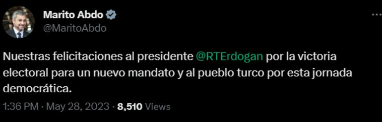 Escrito de Mario Abdo Benítez felicitando a Erdogan por su elección en Turquía.