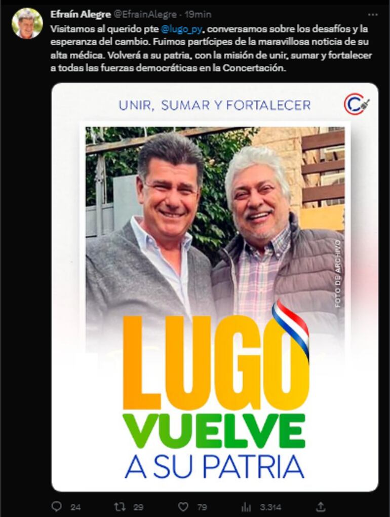 Tuit de Efraín Alegre tras encuentro con Fernando Lugo.