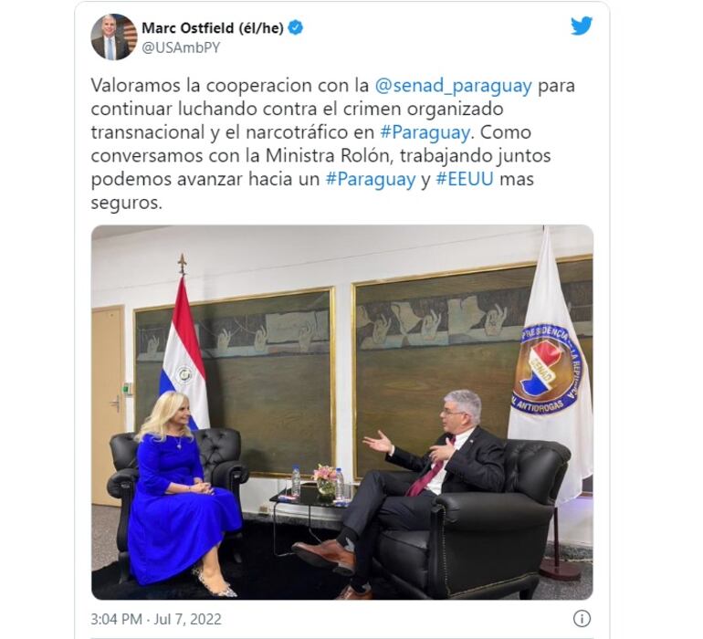 Embajador de Estados Unidos en Paraguay,  Marc Ostfield, con la ministra de la Senad, Zully Rolón.