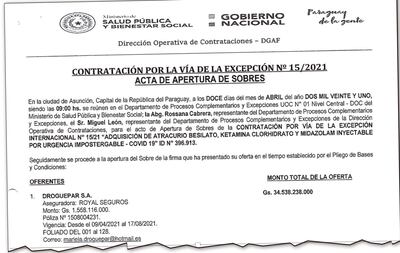 La presentación de la oferta de la firma Droguepar SA, de Héctor Gibbons, que pretende G. 34.538 millones.