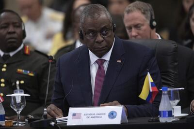 El representante de Estados Unidos, Lloyd J. Austin III, participa durante la XV Conferencia de Ministros de Defensa de las Américas, hoy en Brasilia (Brasil). (EFE)
