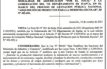 Resolución N°596/2021 del MIC de fecha 14 de octubre, en la cual se le autoriza a la Gobernación de Itapúa implementar la maniobra de adjudicación por el total.