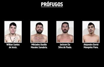 Los cuatro prófugos Willian Santos de Jesús, Milciades Basilio Morales Sanabria, Jackson Da Silva de Paula y Alejandro David Mongelos Pana.