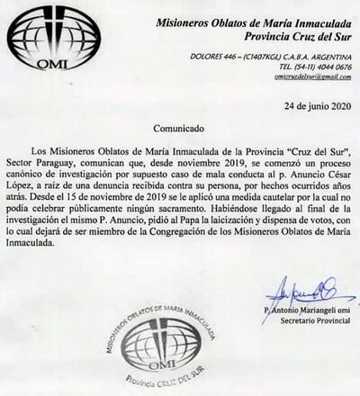 Comunicado emitido el 24 de junio  por la congregación Oblatos de María Inmaculada  de la provincia Cruz del Sur, sector Paraguay.