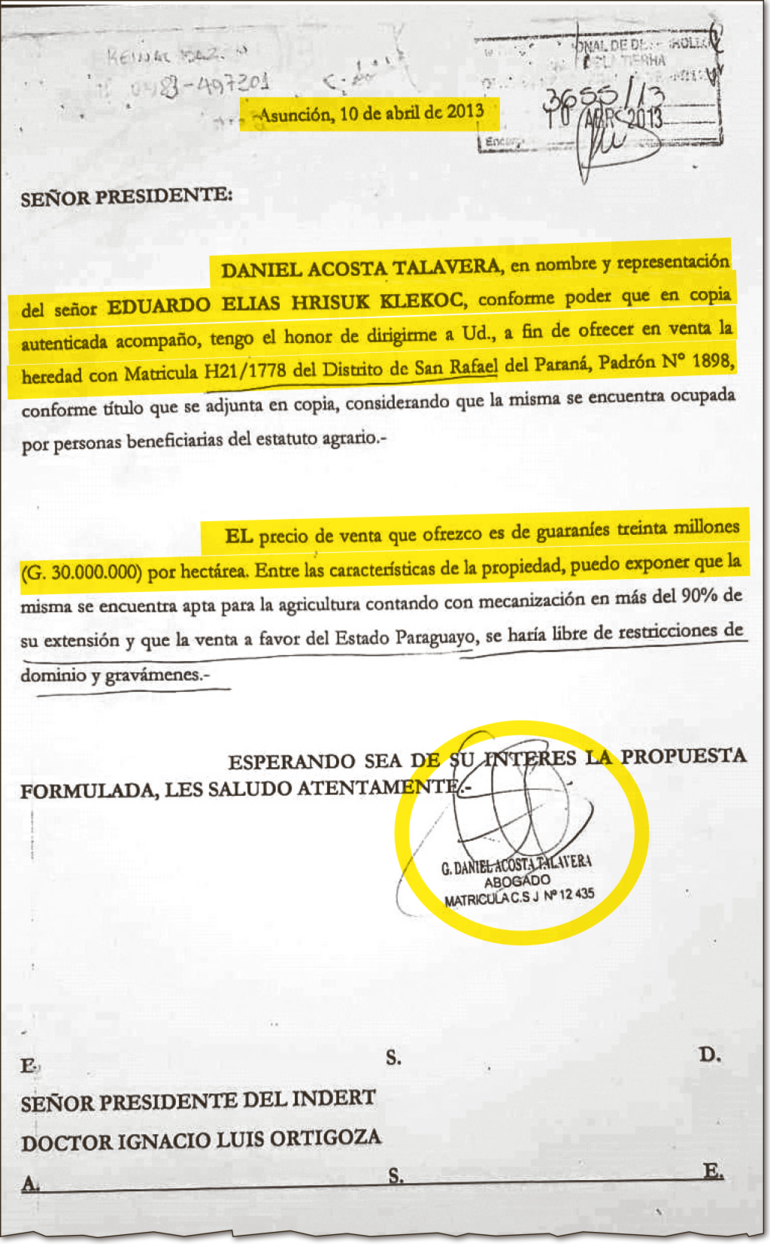 Nota de oferta presentada por Acosta Talavera el 10 de abril de 2013 en el Indert.